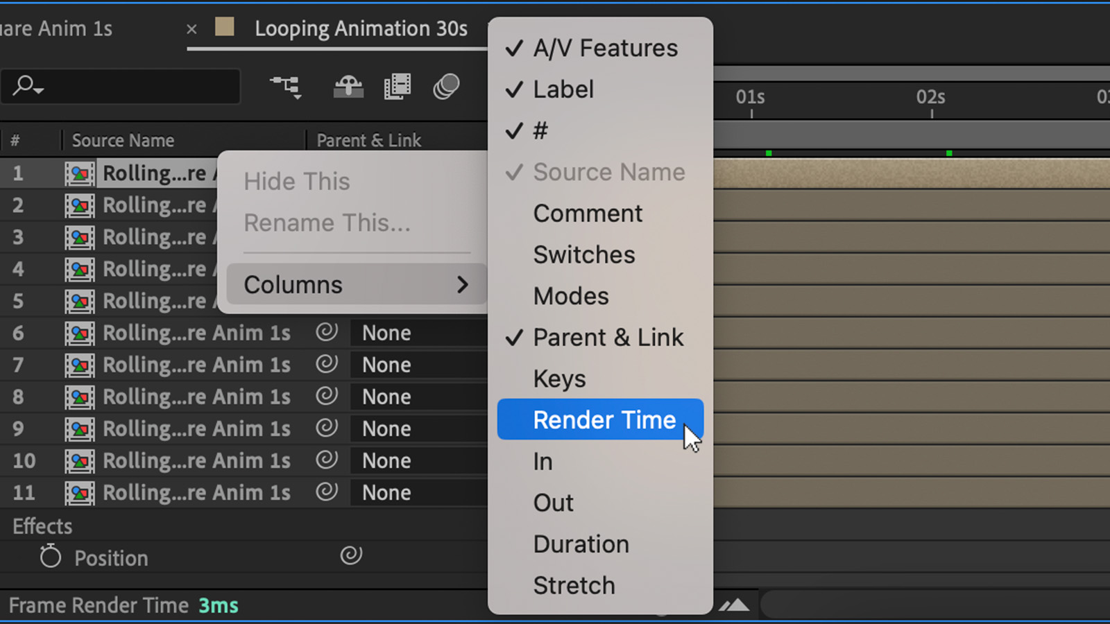 Enabling Render Times column view in After Effects