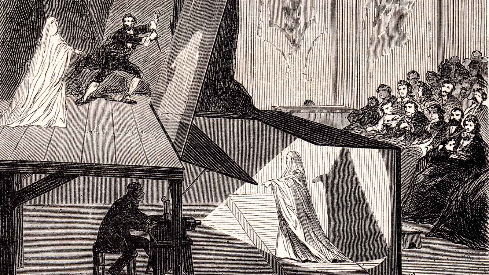 Lithograph illustration of Pepper's Ghost from Le Monde 1865