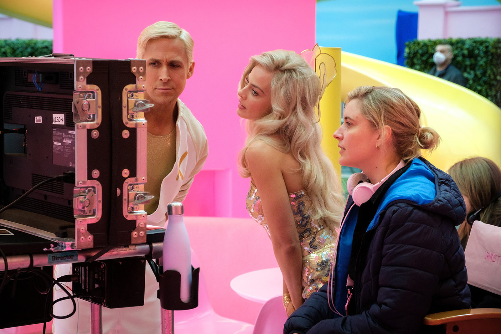 Barbie writer-director Greta Gerwig with stars Margot Robbie and Ryan Gosling. Image © Warner Bros.