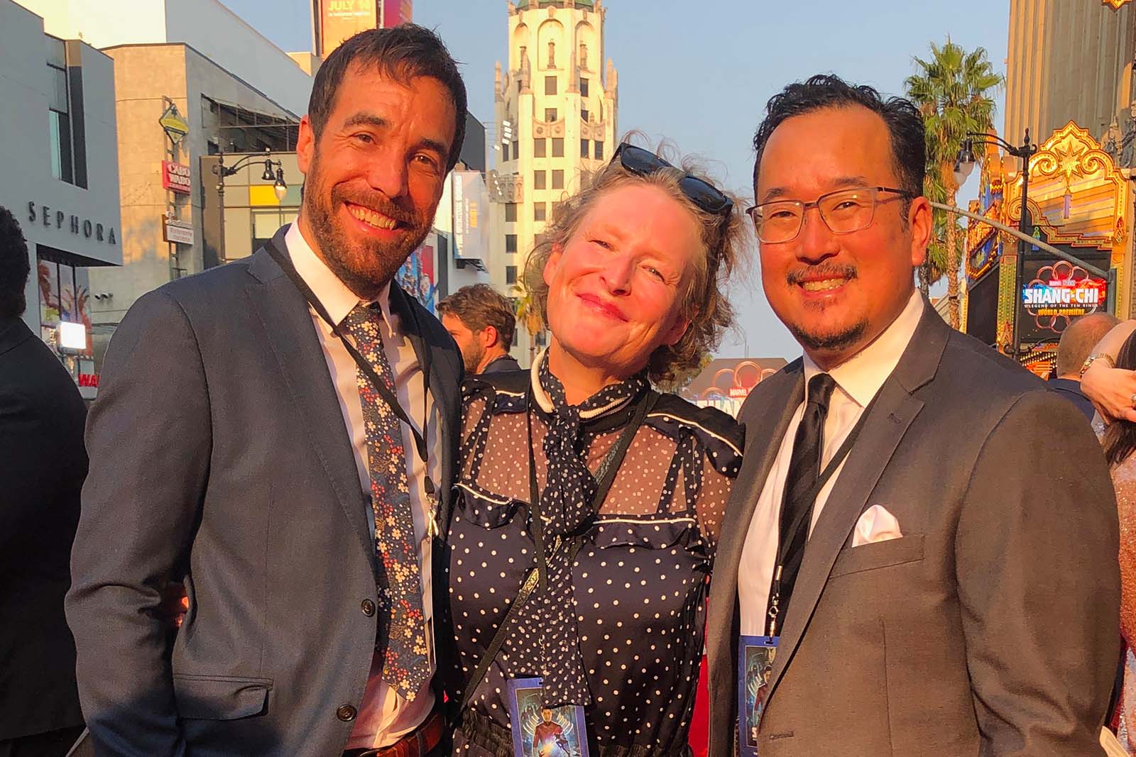 Harry Yoon (R) seen here with Nat Sanders and Elízabet Ronaldsdóttir at the Shang-Chi premiere.