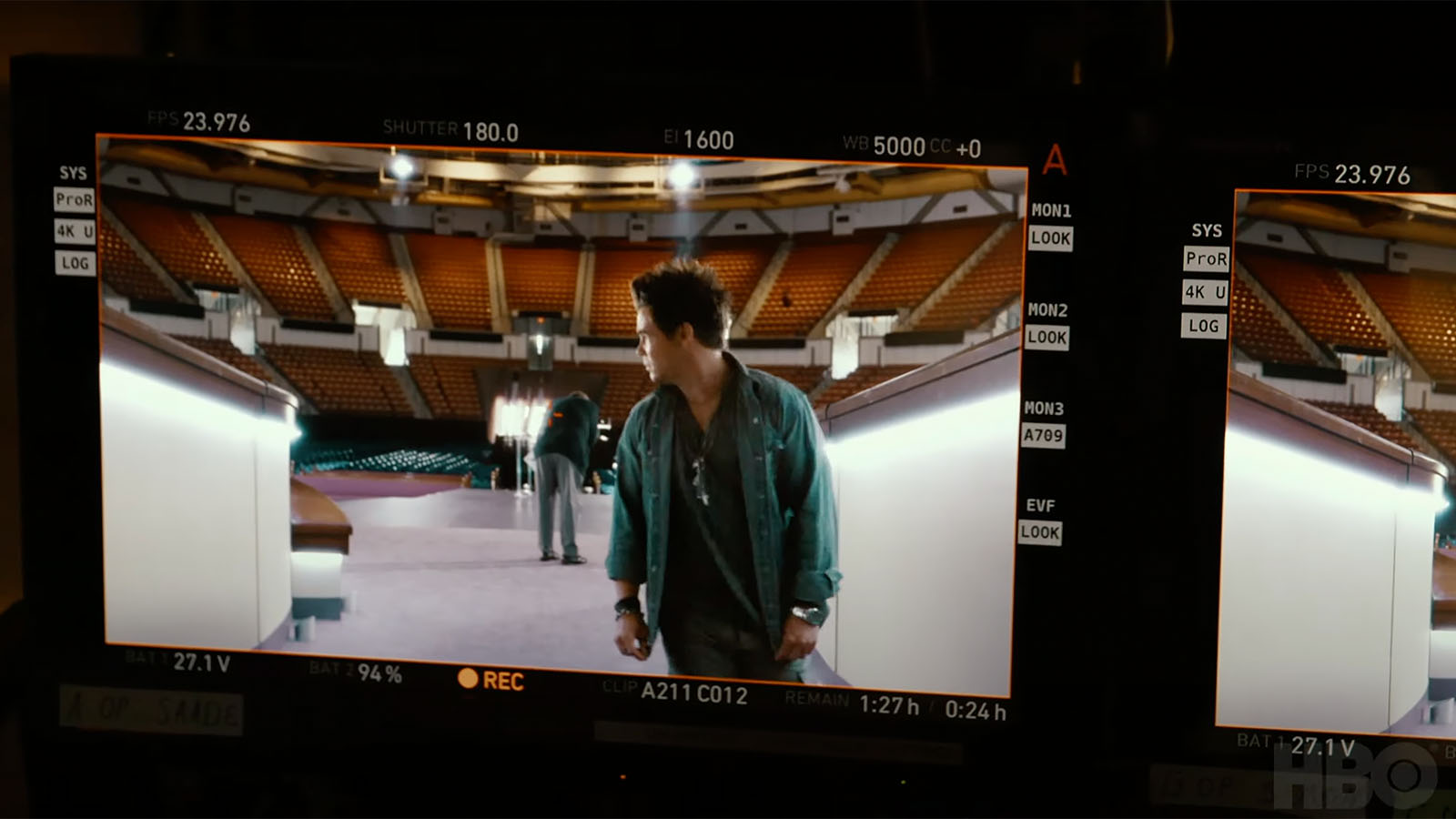 Adam DeVine (Kelvin) on the video monitors during filming of The Righteous Gemstones. Image © HBO