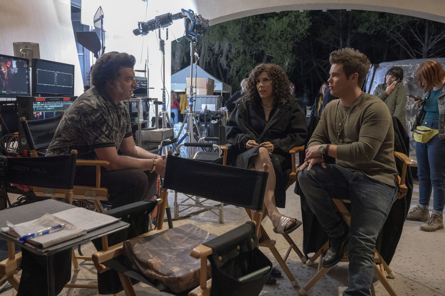 Danny McBride (R) sits with Adam DeVine and Edi Patterson on the set for The Righteous Gemstones. Image © HBO