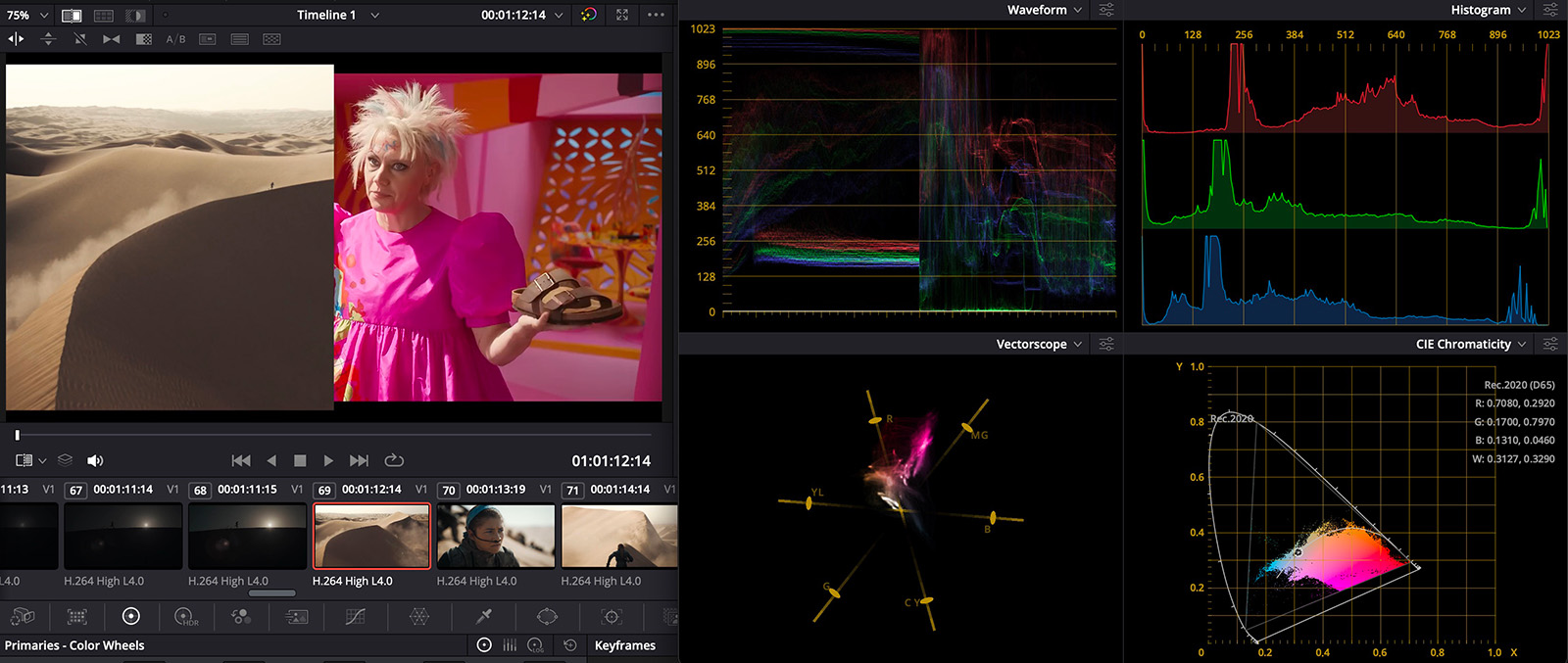Resolve’s Split Screen tool showing a comparison between two clips, with the Waveform Monitor, in particular, revealing a dramatic difference.