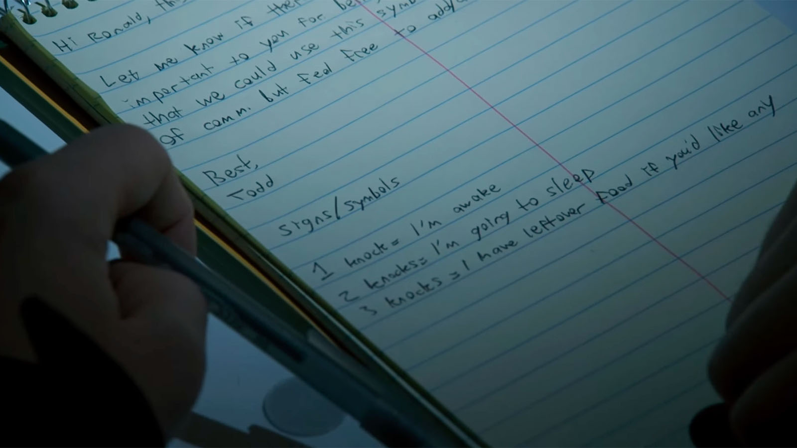 Todd creates a list of knock codes to be used from his adjacent hotel room.