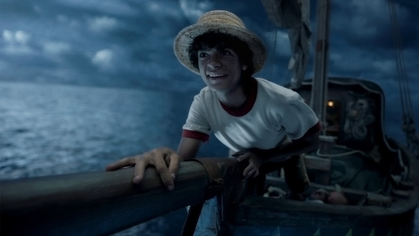 Monkey D. Luffy on the prow of the ship.