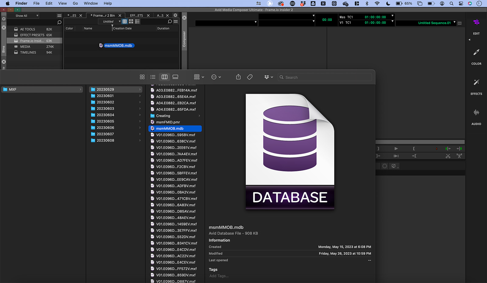 Dragging database into Avid Media Composer bin.