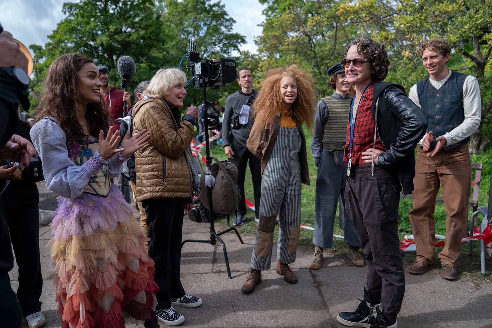 Producer Nina Jacobson on set with the cast of Songbirds and Snakes. Image © Lionsgate