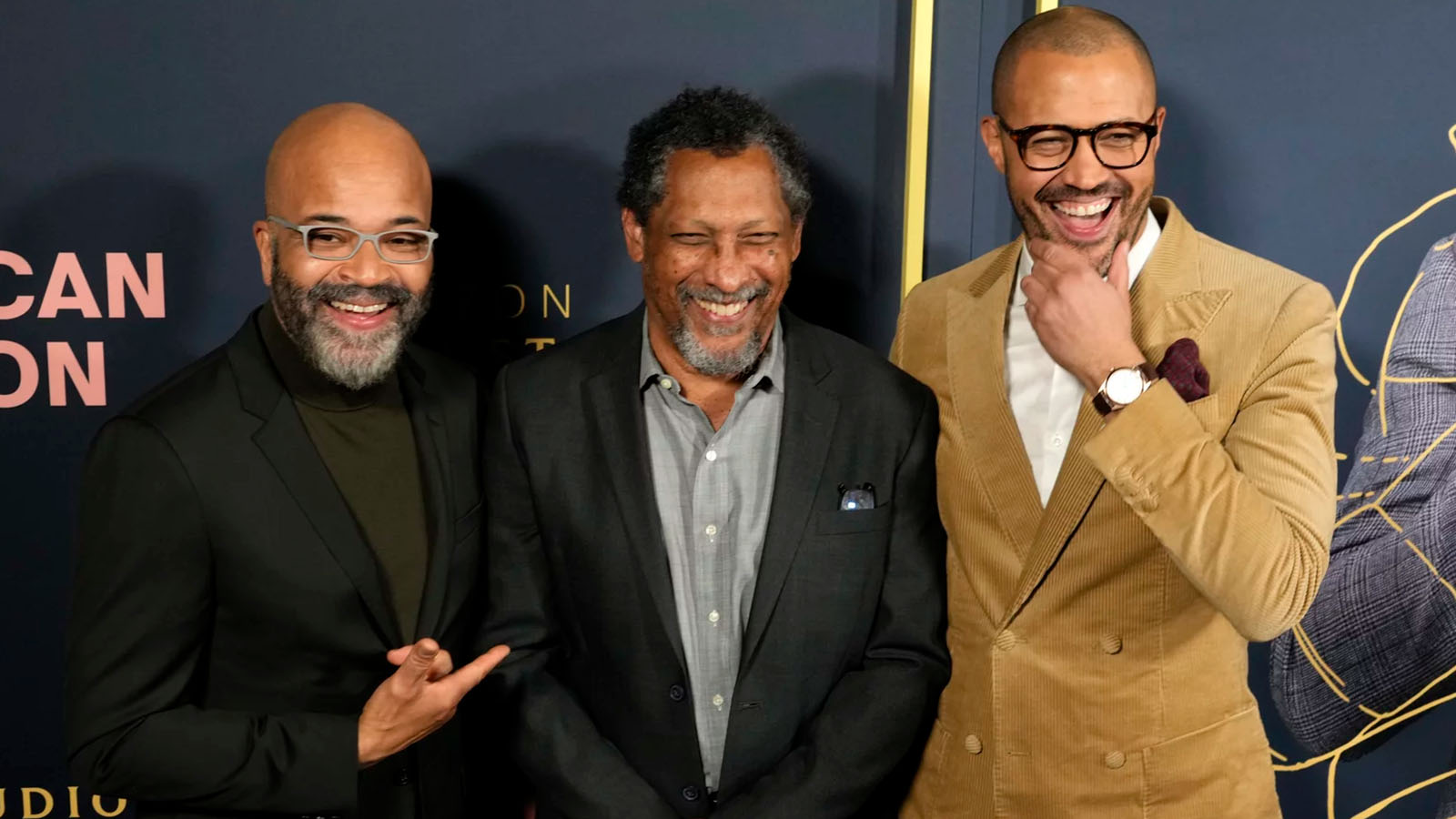 Cord Jefferson and Jeffrey Wright with author Percival Everett at the LA premiere of American Fiction. Image © MGM 