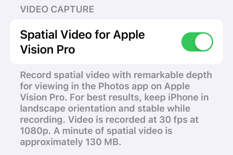 Apple iPhone's Spatial Video for Vision Pro settings