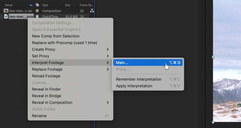 Interpret footage panel in After Effects