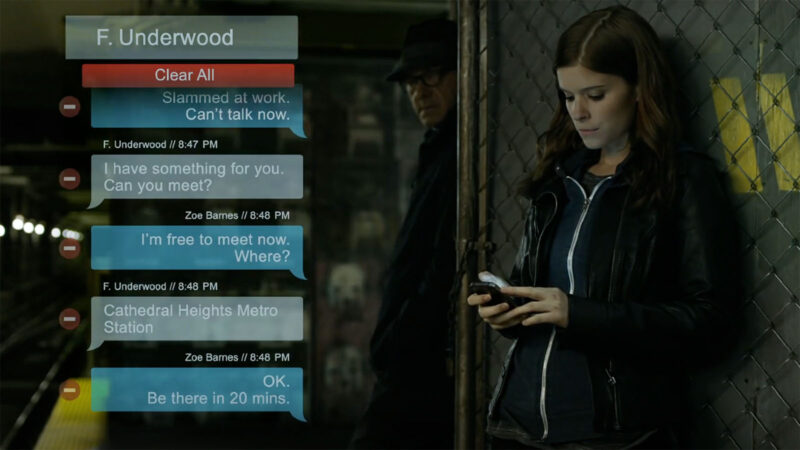 Many of the shots in House of Cards seem designed to incorporate the text messages. Image © Netflix