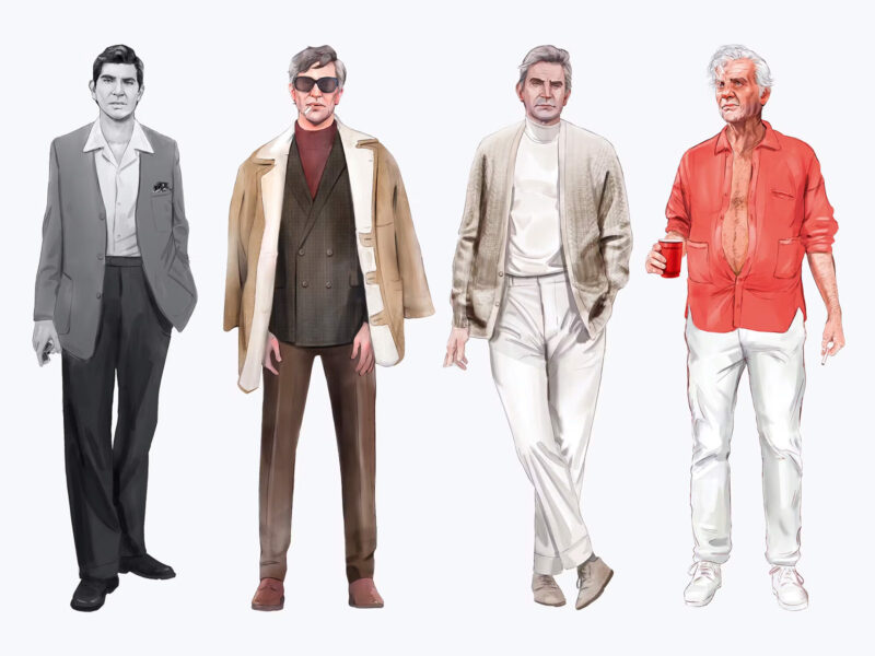 Examples of Bernstein and Felicia’s costume designs for each period of the film. Image © Netflix