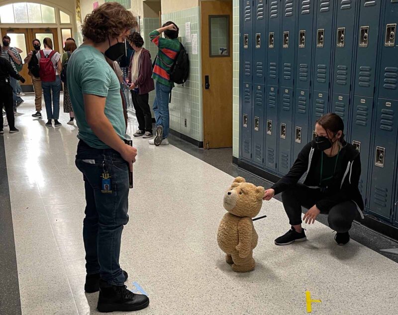 Allie Mitchell on the set of Ted piloting Stuffy Ted. Image © Peacock