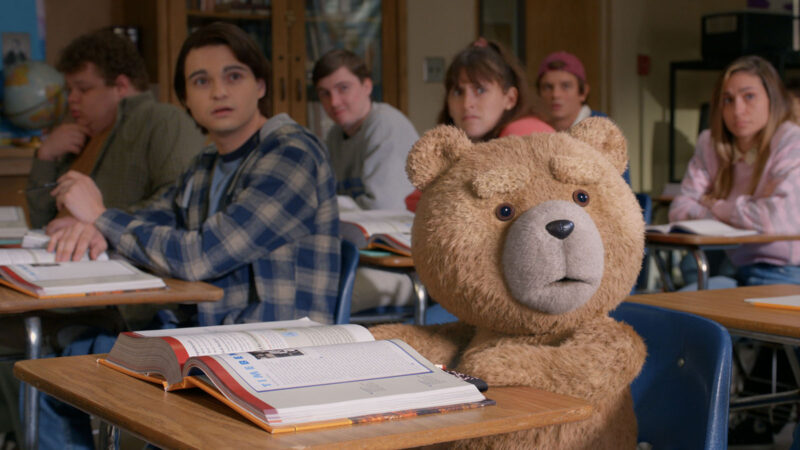 Ted the bear is forced to start attending high school with his owner John. Image © Peacock