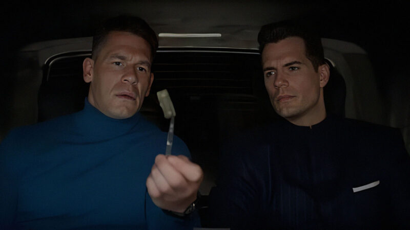 John Cena plays Wyatt, a sidekick to superspy Agent Argylle; they’re both fictional characters who only appear in Argylle’s “fantasy” sequences. Image © Apple 