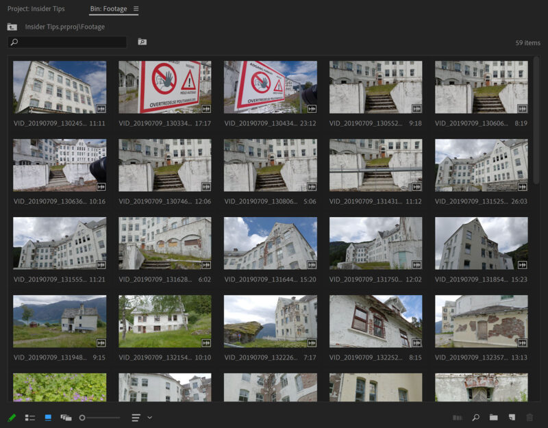 Premiere Pro bin view