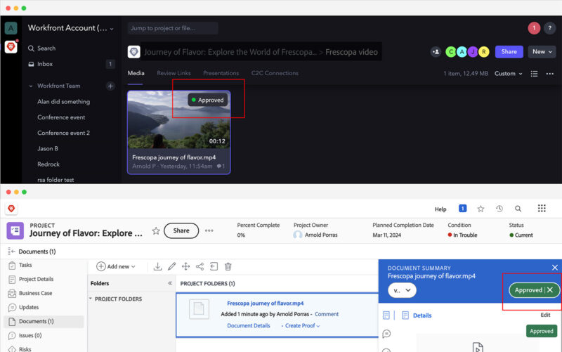 Approved status in Frame.io and Workfront.