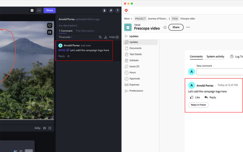 Comments in Frame.io appear in Workfront.