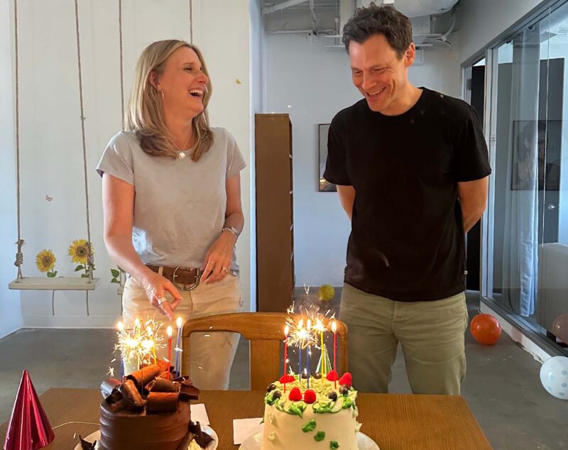 Anyone But You editor Tia Nolan and director Will Gluck celebrating the birthday they both share.