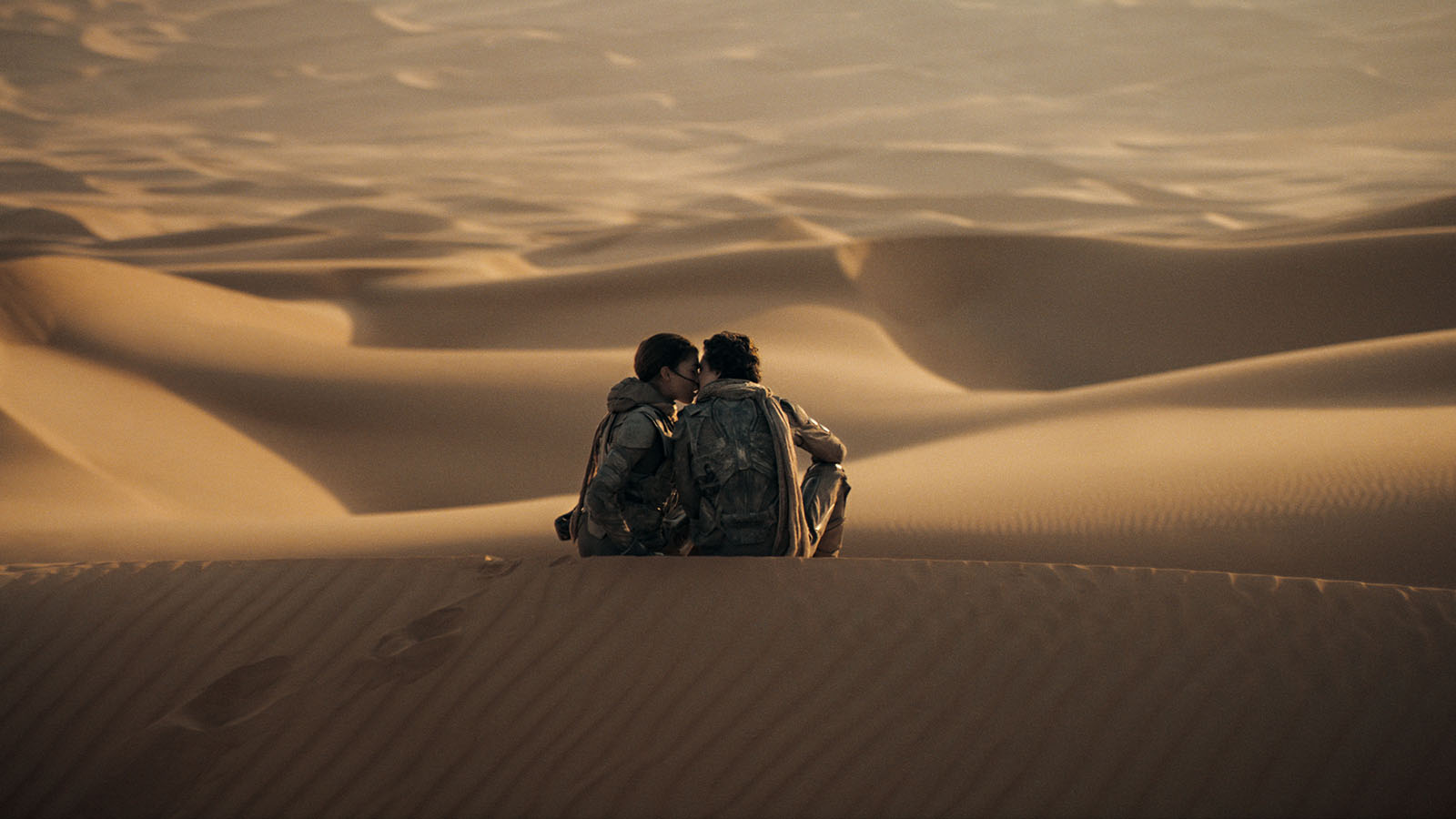 The cast and crew of Dune: Part Two spent twenty-seven days shooting in Abu Dhabi’s Liwa Oasis, whose desert dunes can reach up to 600 feet tall. Image © Warner Bros.