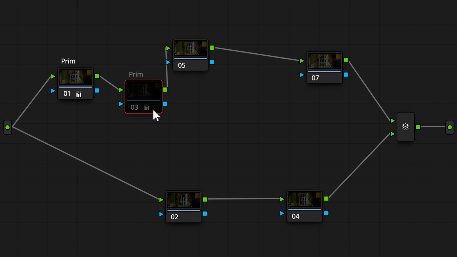 Resolve node tree showing Copying our lift, gamma, and gain adjustments into a separate node lets us fine tune our tonality while separately adjusting exposure.
