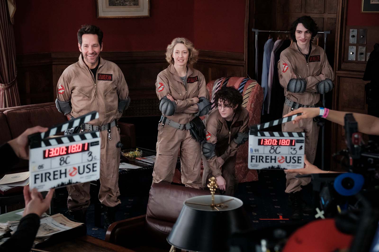 The Spengler family behind the scenes of Ghostbusters: Frozen Empire. Image © Sony Pictures Entertainment