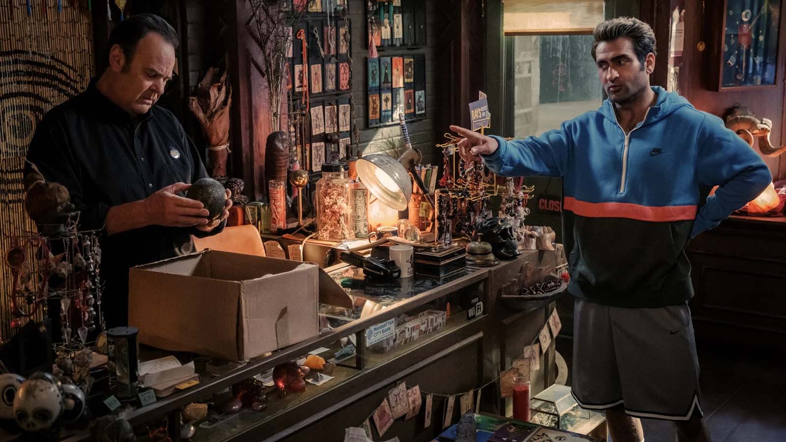 Kumail Nanjiani plays Nadeem, a shiftless loser who sells the Ghostbusters an orb that contains the spirit of an ancient frost demon. Image © Sony Pictures Entertainment