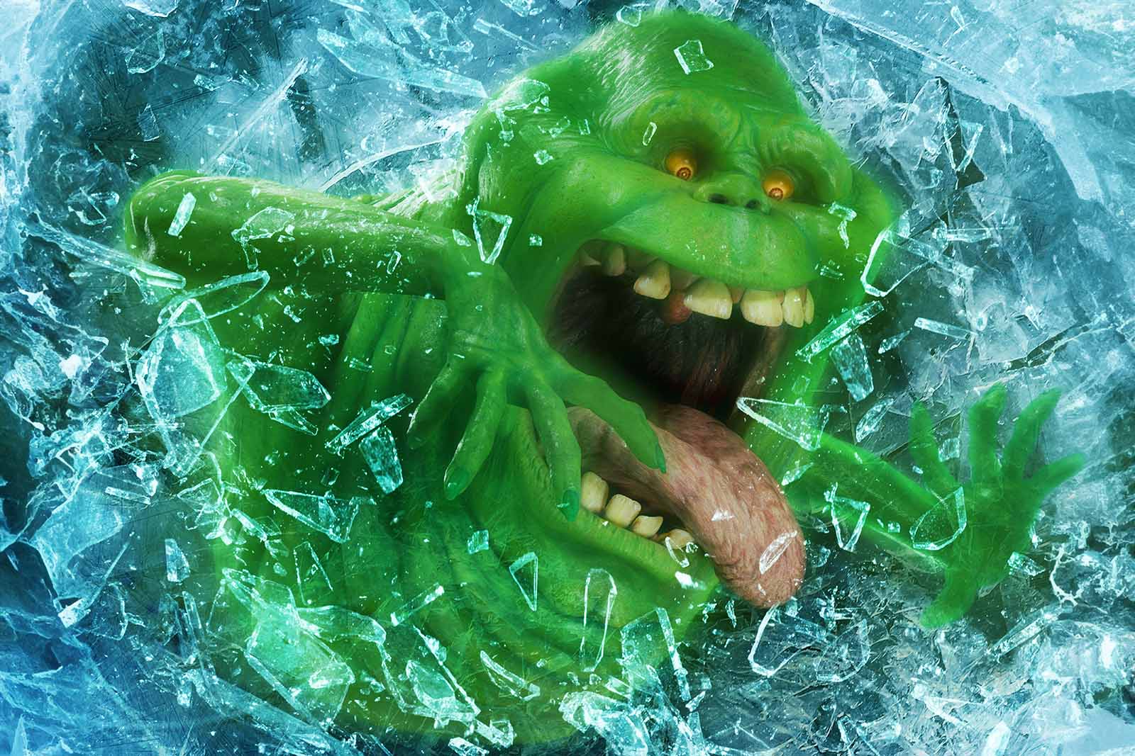 Everyone’s favorite gluttonous ghost, Slimer, also joins in on the fun. Image © Sony Pictures Entertainment