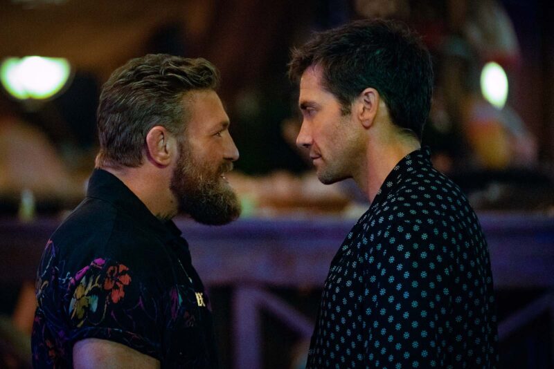 Jake Gyllenhaal squares off with UFC fighter Conor McGregor in a remake of the Patrick Swayze-starring Road House. Image © Amazon