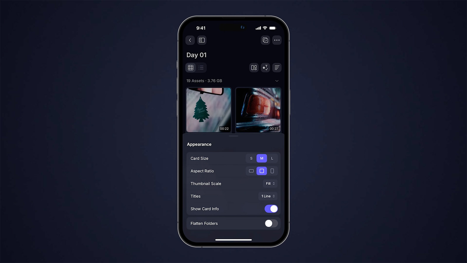 The Appearance menu lets you customize how you see your asset on Frame.io V4 mobile…