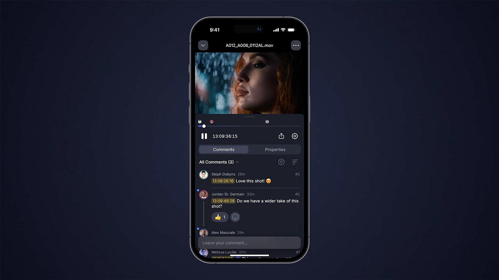 View or hide the Frame.io V4 mobile comments panel simply by swiping up or down.