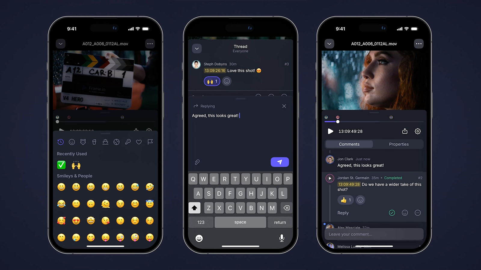 Frame.io V4 mobile lets you leave feedback with emojis, nested replies, or the ability to mark comments as “Completed”.
