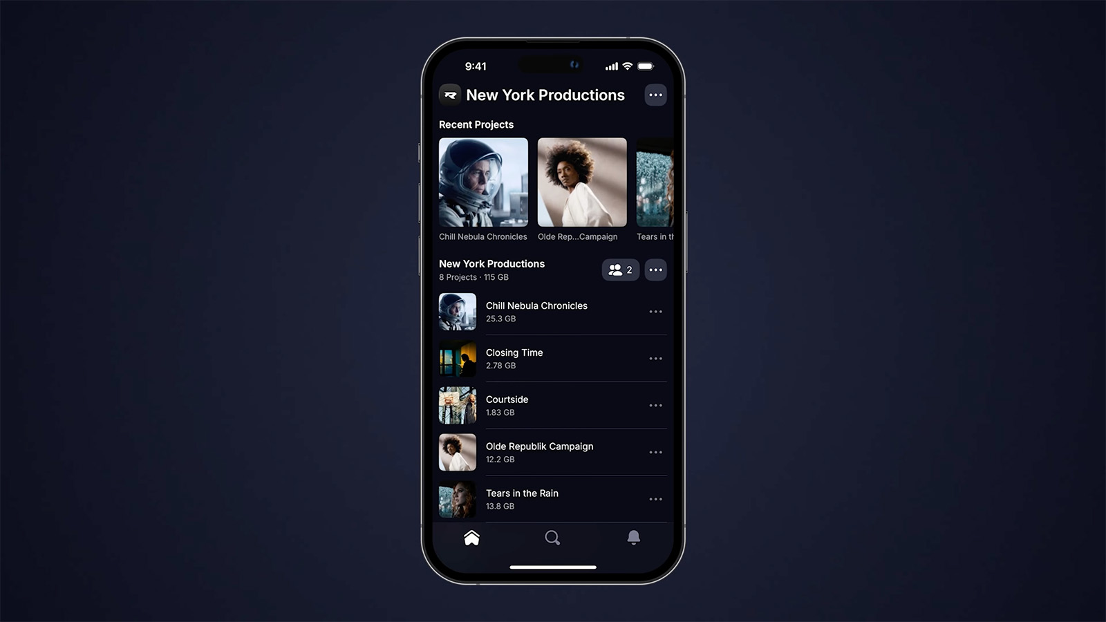 The Home tab is the first thing you’ll see on Frame.io V4 mobile.