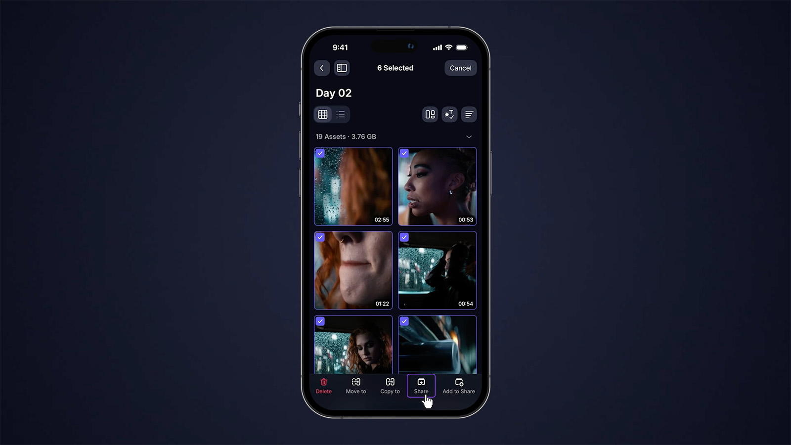 Sharing on Frame.io V4 mobile is easy. Just select your files and tap Share.