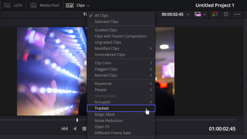 Setting Tracked for Clips in Resolve.
