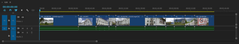 Prior to your Premiere Pro rough cut - note the white triangles indicating these clips have not been trimmed.