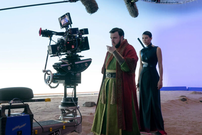 John Bradley and Sea Shimooka behind the scenes of 3 Body Problem. Image © Netflix