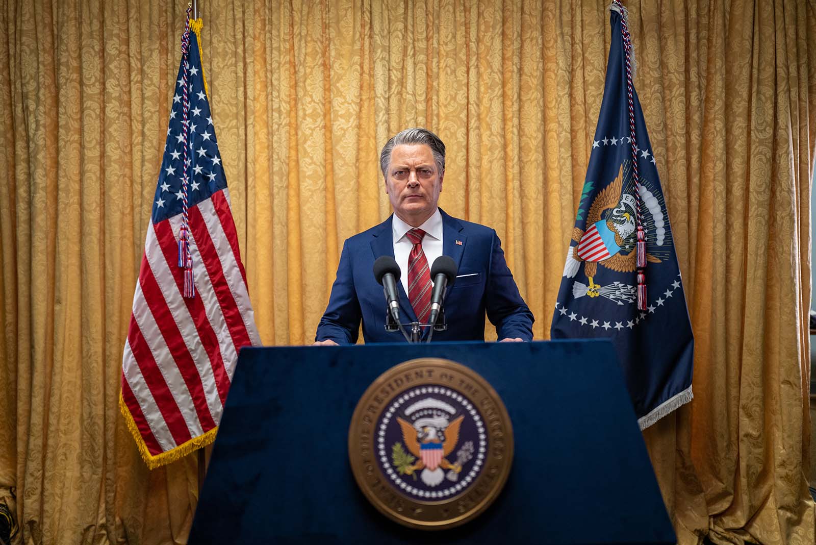 In Civil War, Nick Offerman plays a third-term American president who has dismantled the FBI. Image © A24