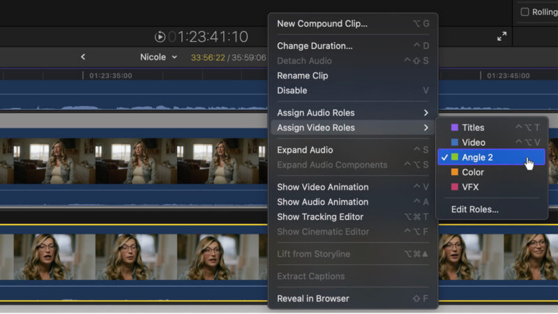 Assigning a video role to a specific angle in a Final Cut multicam sequence.
