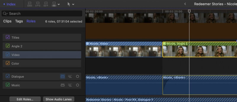 With color assigned to custom video roles in a multicam sequence, navigation becomes easier.