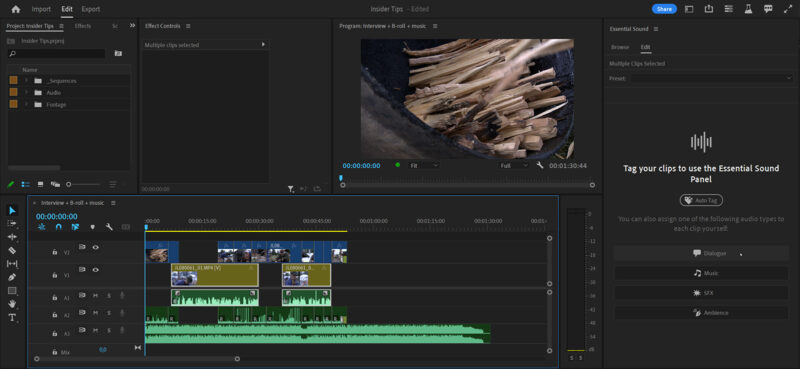 I've selected the dialogue clips, so I'll tag them as Dialogue in the Essential Sound panel.