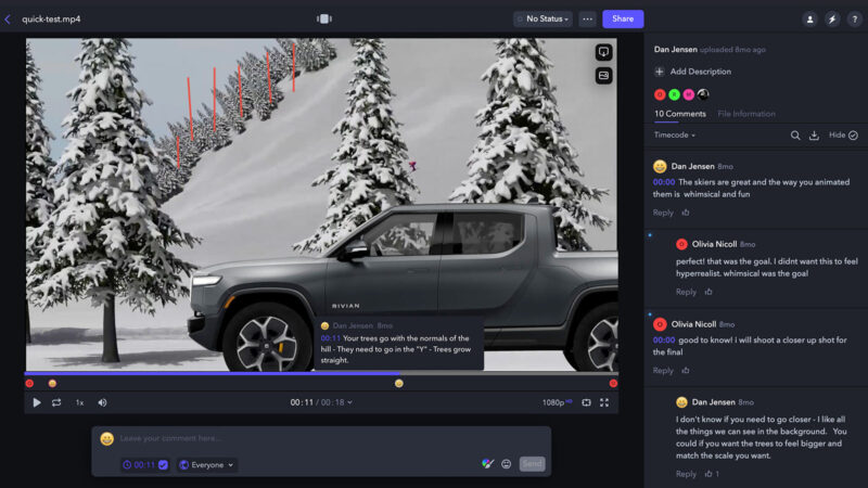 Frame.io UI with Rivian truck and instructor comments.