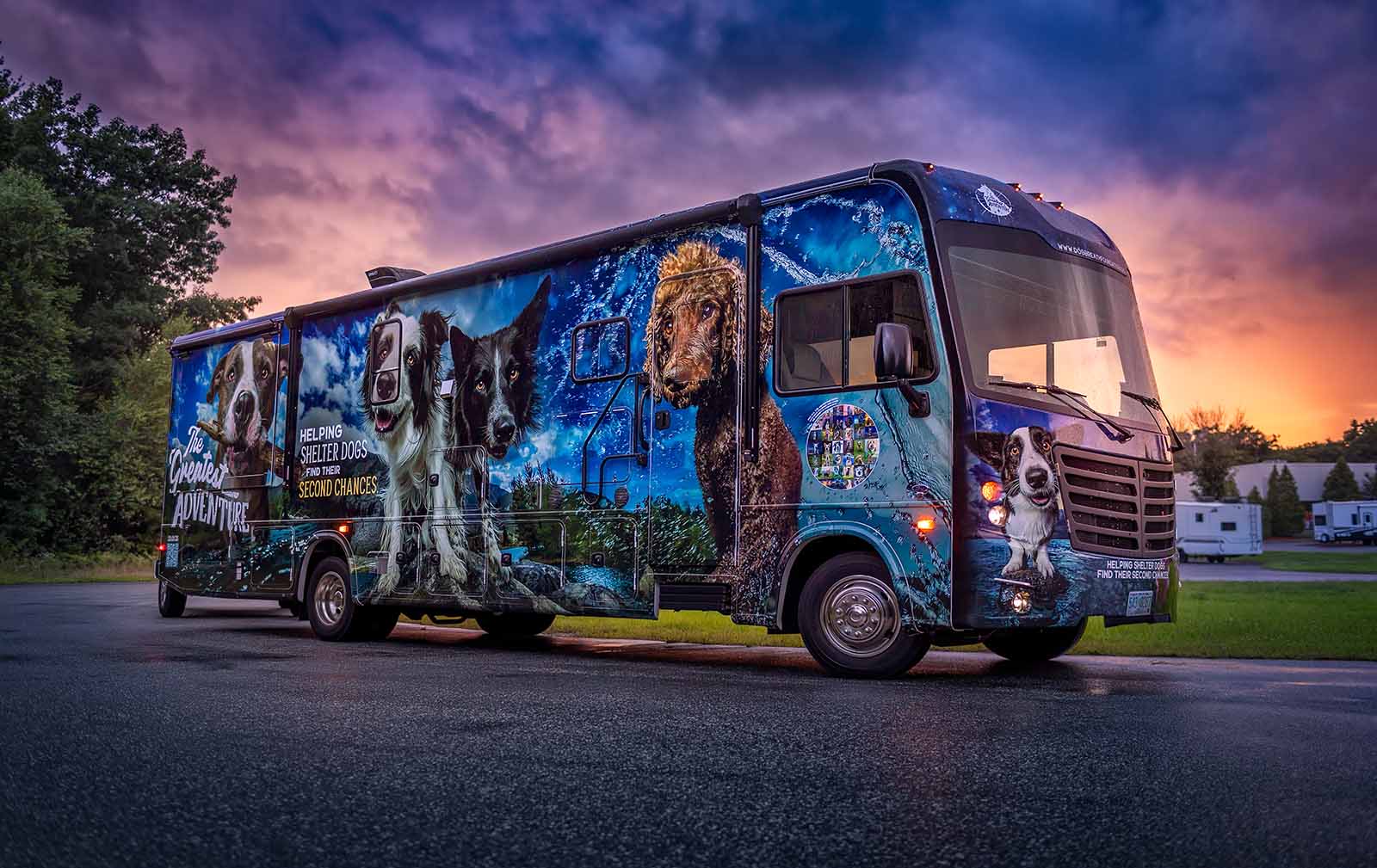 The Greatest Adventure bus, one of two kitted-out RVs the team will be traveling in. Image © Dog Breath Photography